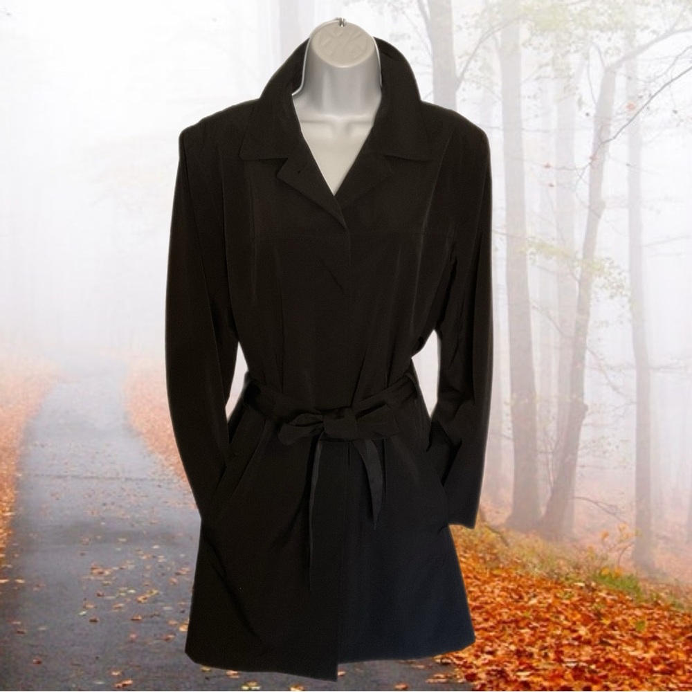 London Fog Classic L 12/14 Trench Coat Black Zip Front Pockets Belt Trending